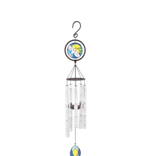 Hanging wind chime with stained-glass floral medallions