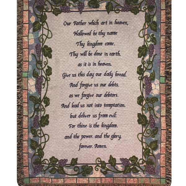 Decorative woven wall hanging with the Lord's Prayer text