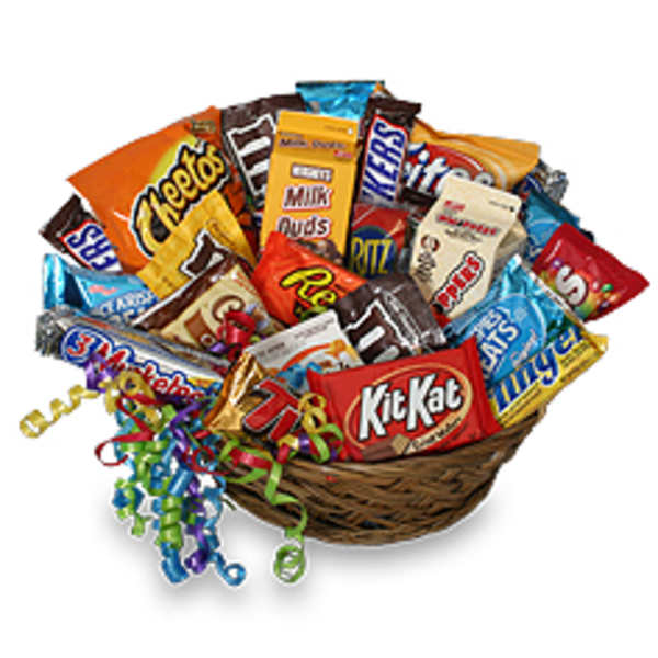 Basket of assorted candy bars with colorful curling ribbons