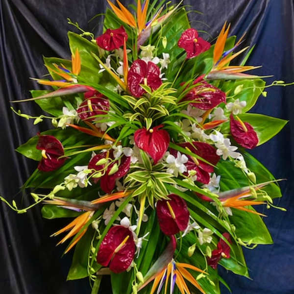 Tropical bouquet with red anthuriums, bird of paradise, and white orchids