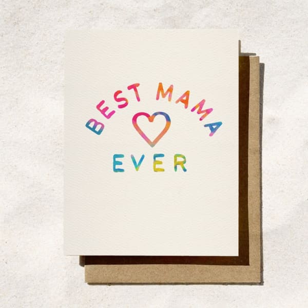 Greeting card with colorful "Best Mama Ever" text and a heart