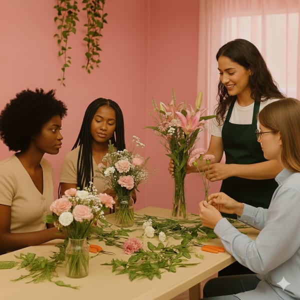 People arranging pink flowers in glass vases at a table