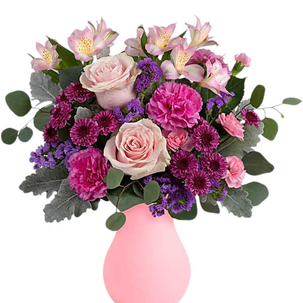 Pink and purple mixed bouquet in a pink vase