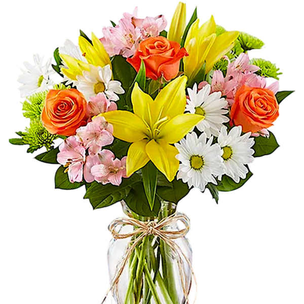 Bouquet of yellow lilies, orange roses, and white daisies in a glass vase