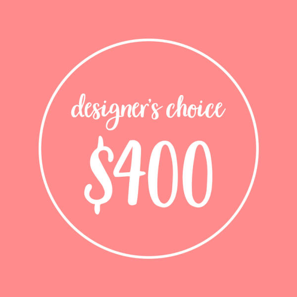 Pink graphic with a white circle and the text "designer's choice $400"