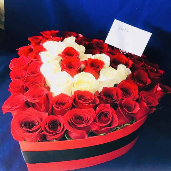 3 dozen roses on the red heart box