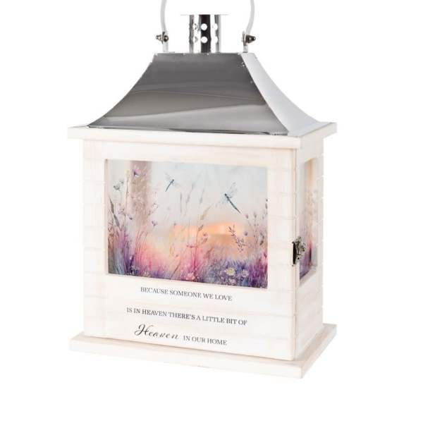Decorative memorial lantern with a printed sunset scene and quote