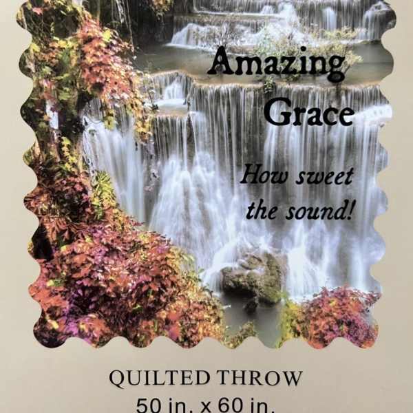 Quilted throw with a waterfall scene and the words Amazing Grace