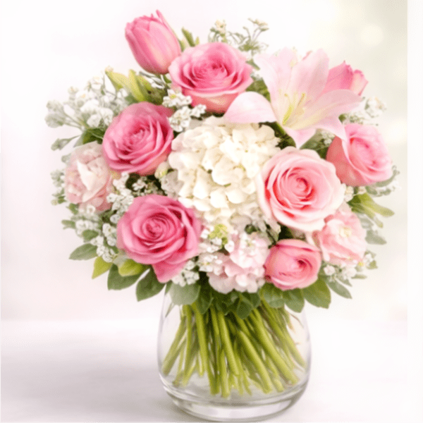 Pink roses and lilies arranged in a clear glass vase
