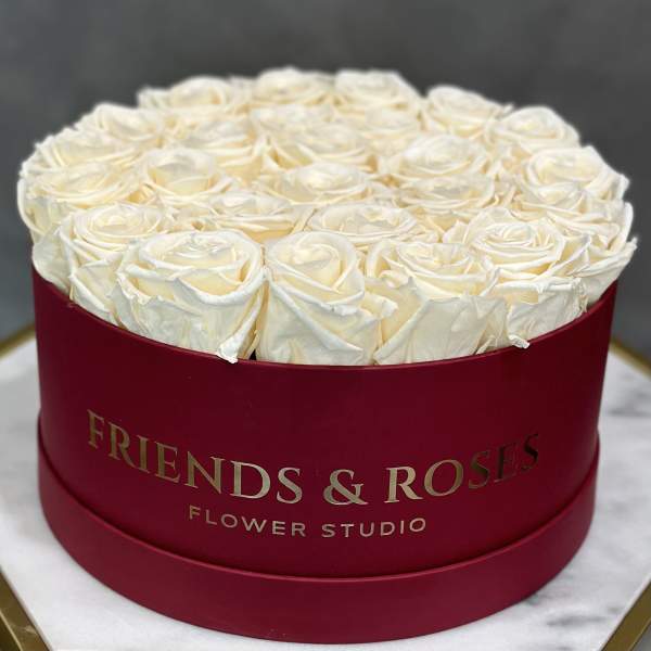 Round box of white roses in a burgundy container