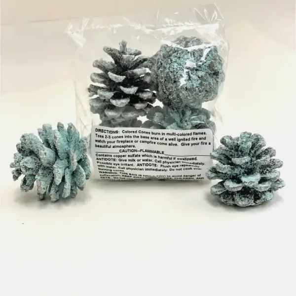 Three frosted pine cones in a clear plastic bag on a white surface.