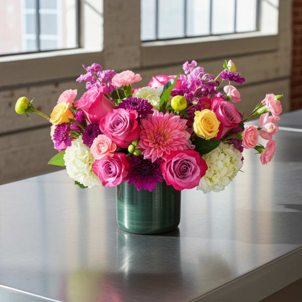 Pink and yellow mixed flower arrangement in a green vase