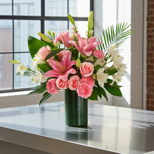 Pink lilies, roses, and carnations in a green vase