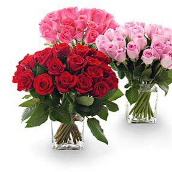 Three rose bouquets in clear glass vases, in red and pink shades