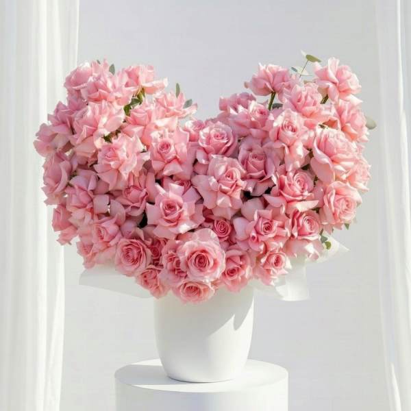 Heart-shaped bouquet of pink roses in a white vase