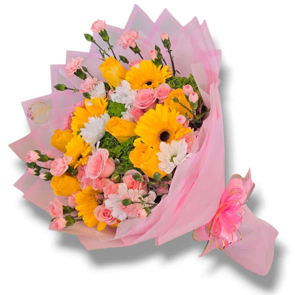 Pink and yellow mixed bouquet wrapped in pink paper
