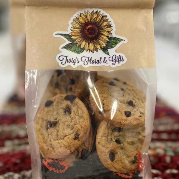 Bag of chocolate chip cookies with a sunflower logo label