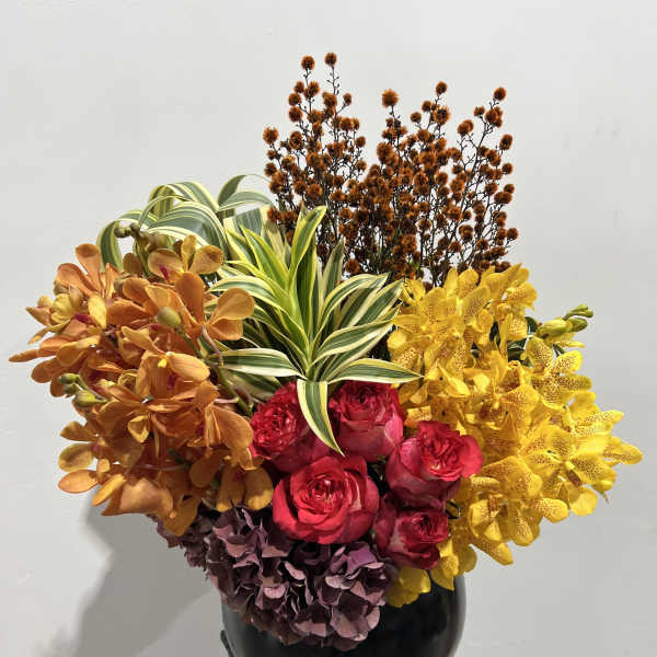 Colorful orchid and rose arrangement in a black vase