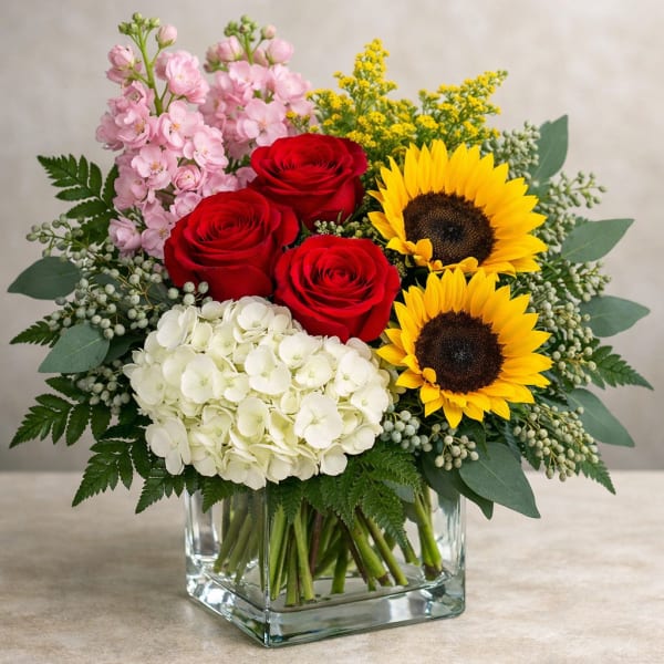 Bouquet of red roses, sunflowers, pink blooms, and white hydrangea in a glass vase