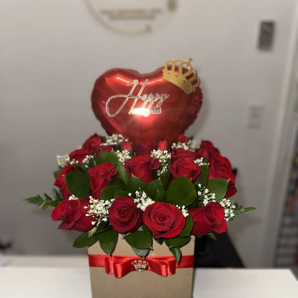 beautiful box with red roses, heart-shaped balloon