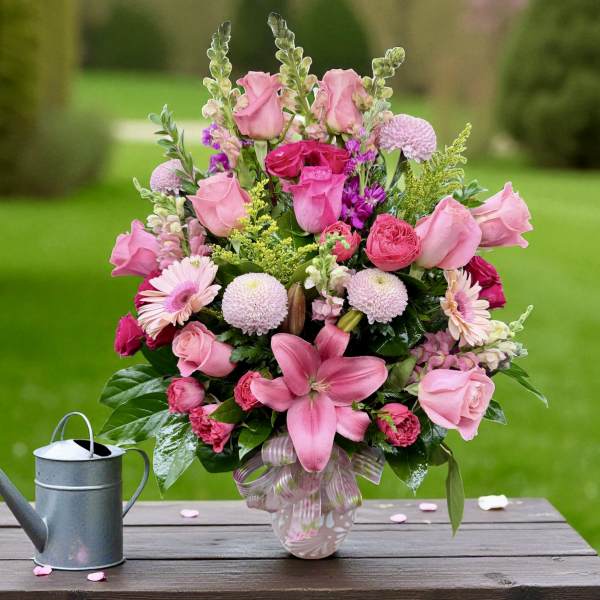 Pink mixed flower arrangement in a glass vase with a ribbon