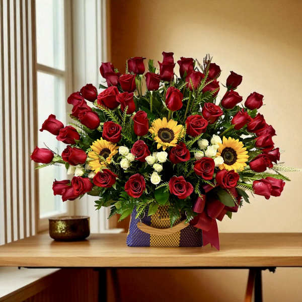 Large basket arrangement of red roses, yellow sunflowers, and white spray roses with a ribbon bow