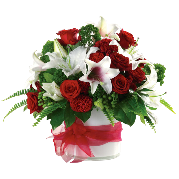 Red roses and white lilies in a glass vase with a red ribbon