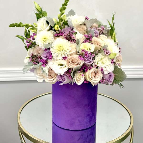 Lavender Whispers Hat Box By VLM Flowers