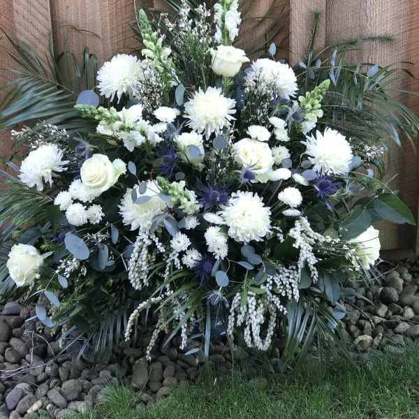 Large white floral spray with roses and chrysanthemums