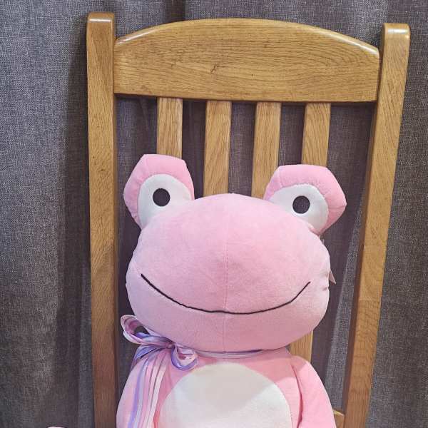 Pink plush frog holding a heart on a wooden chair