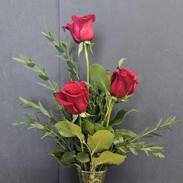 Three red roses in a clear glass vase with greenery