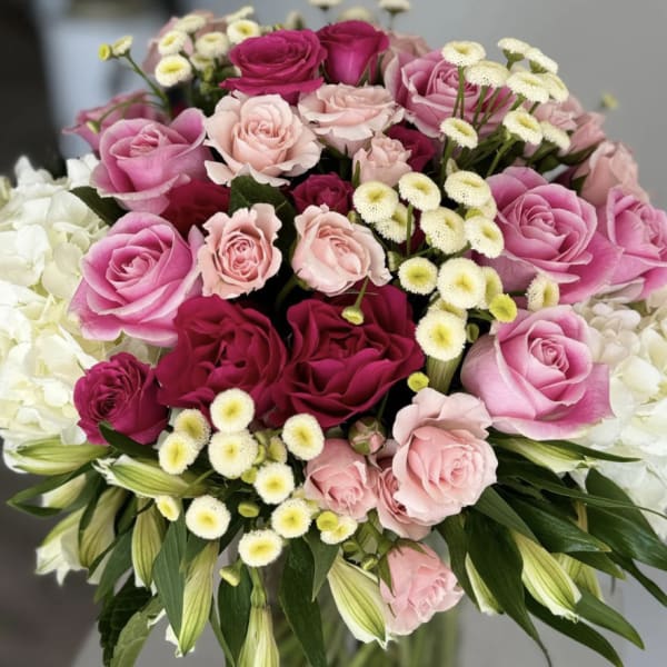 Bouquet of pink and white roses with small white filler flowers