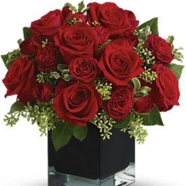 Red roses arranged in a square glass vase
