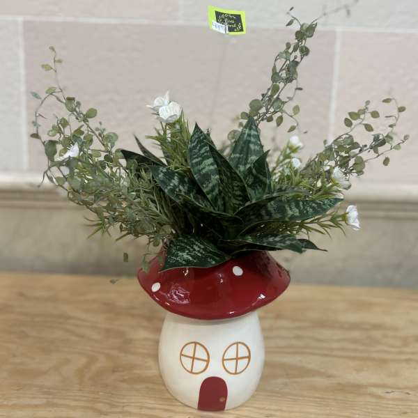 Potted succulent arrangement in a red-and-white mushroom planter