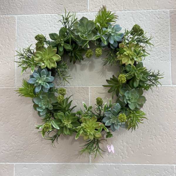 Succulent wreath with green and blue rosettes on a wall