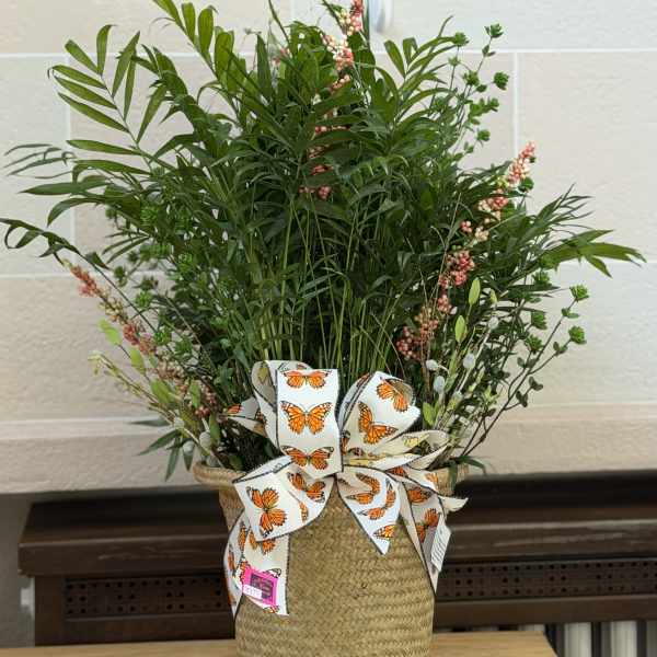 Tall greenery arrangement in a woven basket with a butterfly ribbon