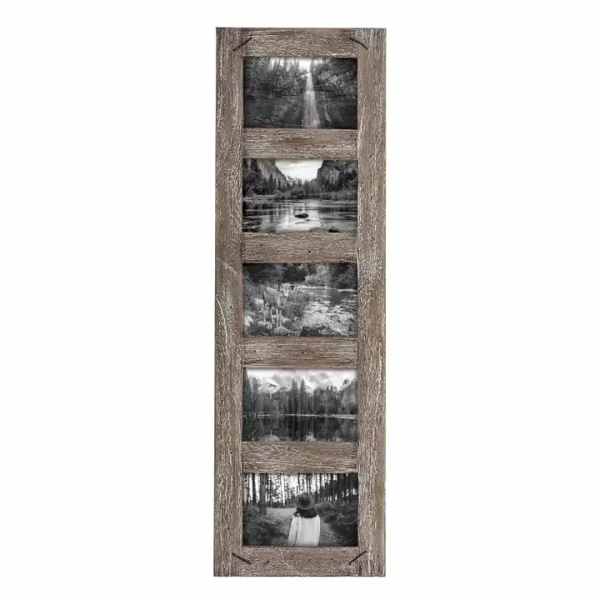Rustic wooden photo frame with five black-and-white landscape photos