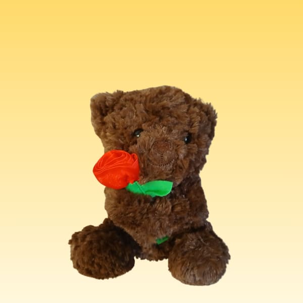 Brown teddy bear holding a red rose