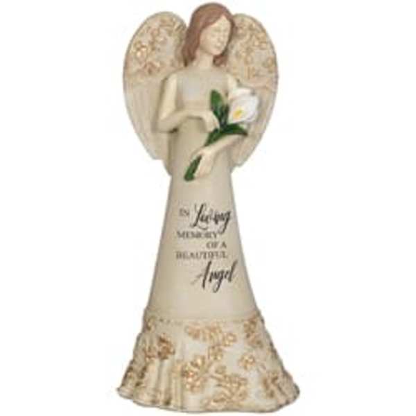 Angel figurine holding a white flower and memorial text