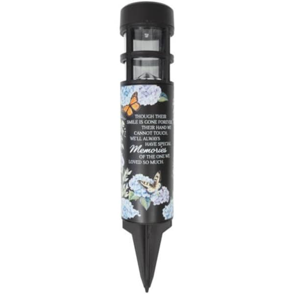 Black memorial garden stake with butterfly and floral design