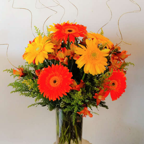 Bright orange and yellow gerbera daisies in a clear glass vase