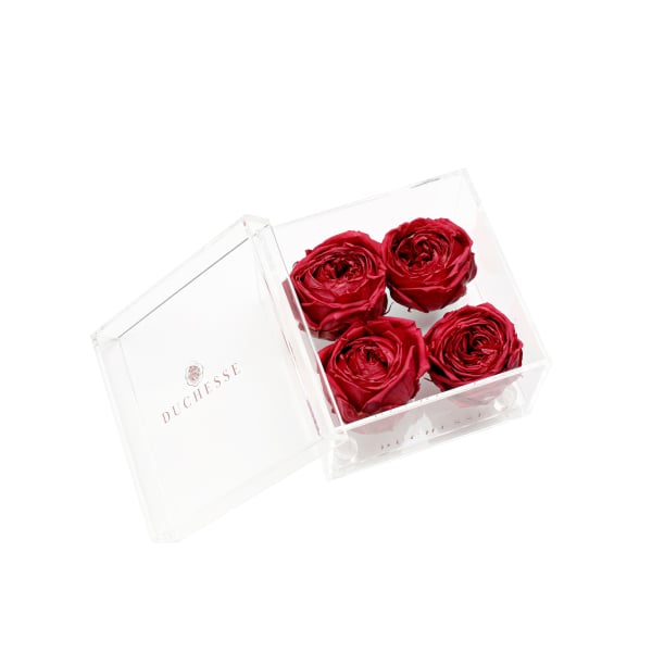 Four red roses in a clear acrylic box