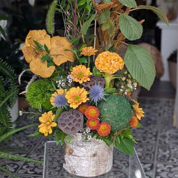 Tall autumn floral arrangement with orange blooms and textured seed heads in a birch vase