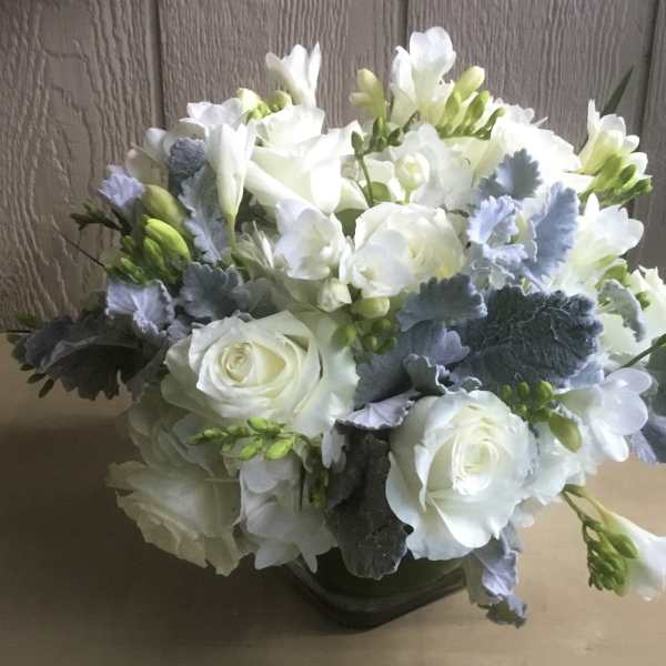 White roses and freesia arranged with blue-gray foliage in a low vase