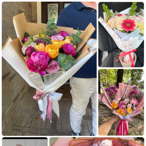 Handheld bouquets of pink, lavender, yellow, and white roses