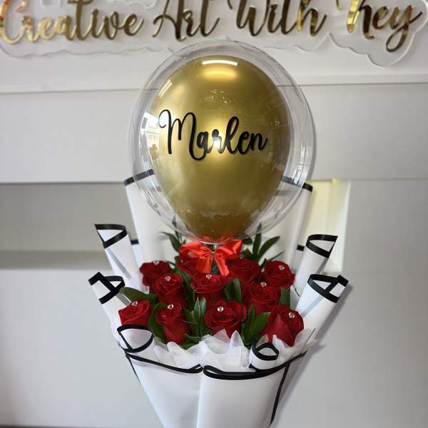 BEAUTIFUL RED ROSES AND PERSONALIZED BUBBLE BALLOON