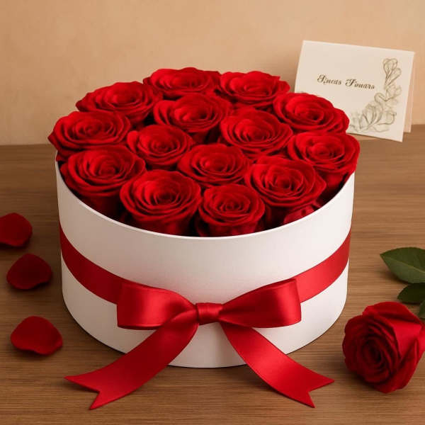 Round box of red roses with a red ribbon bow