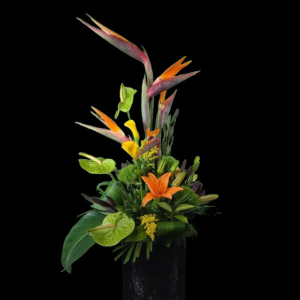 Tropical flower arrangement with orange bird-of-paradise and anthuriums in a dark vase