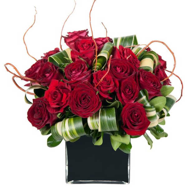 Red roses arranged in a square black vase with curled green ribbon accents