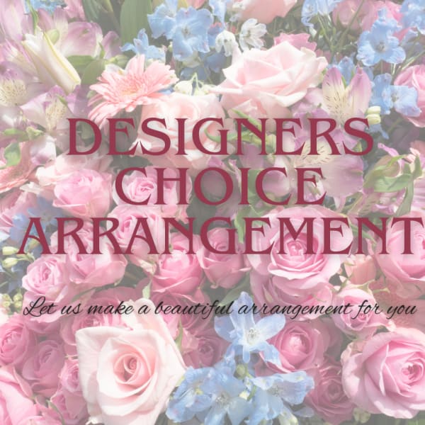 Pink roses and blue flowers with overlaid text reading Designers Choice Arrangement